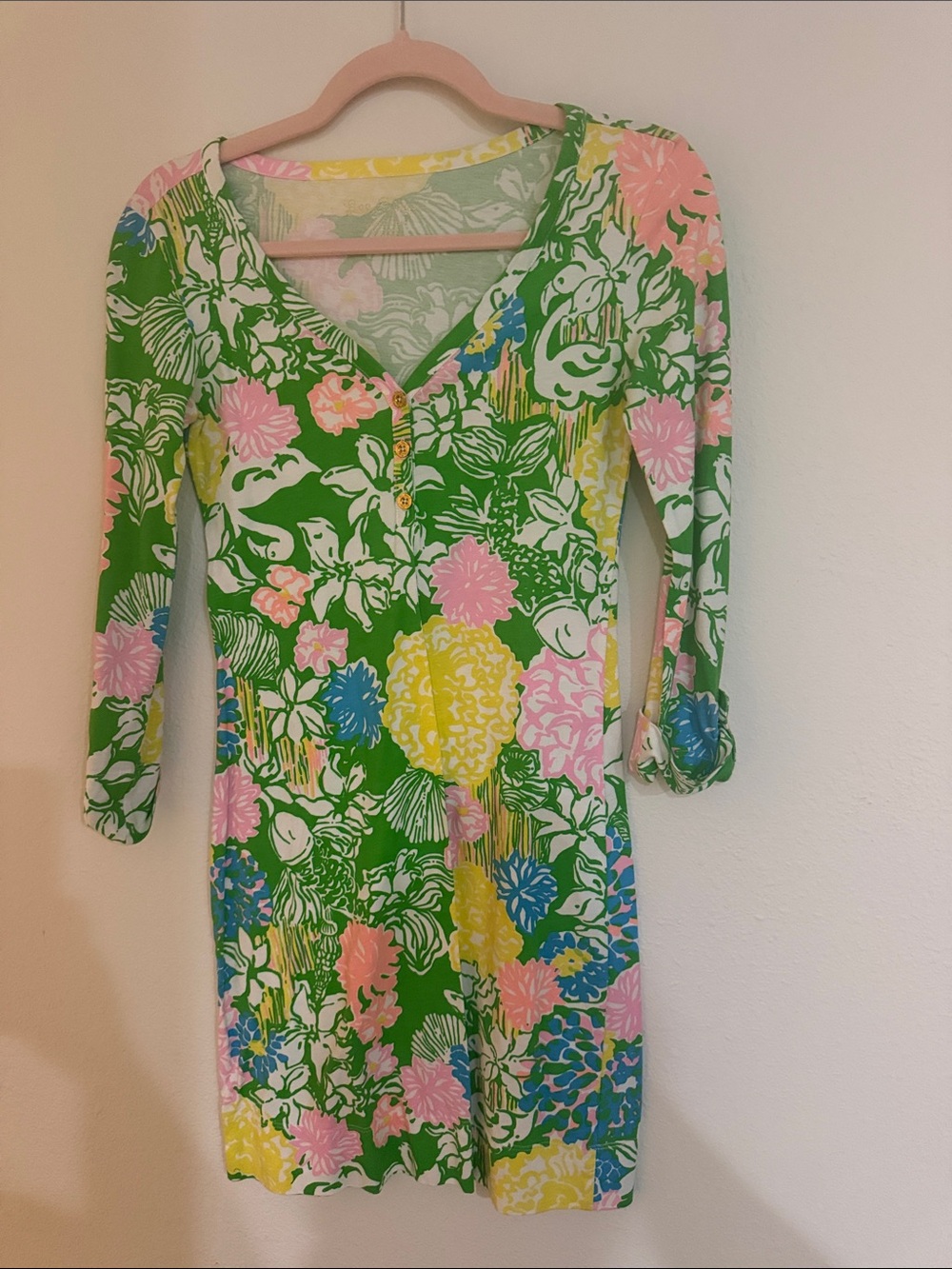 Lilly Pulitzer Green Floral V-Neck Long Sleeve Dress
